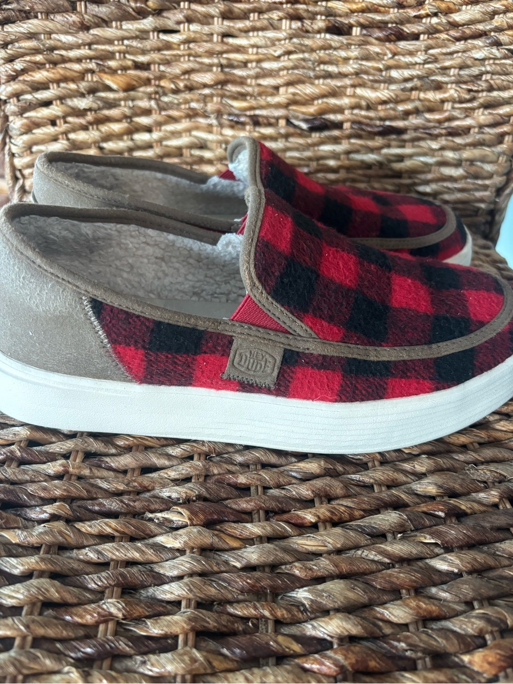 Hey Dude Cozy Slip-On Shoes in Red & Black Buffalo Plaid